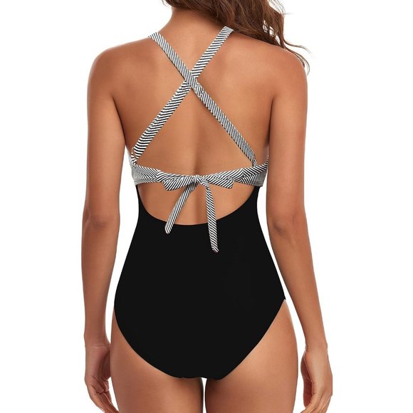 Women's One Piece Tummy Control Cutout High Waisted Wrap Tie Back Swimsuit - Picture 3 of 6